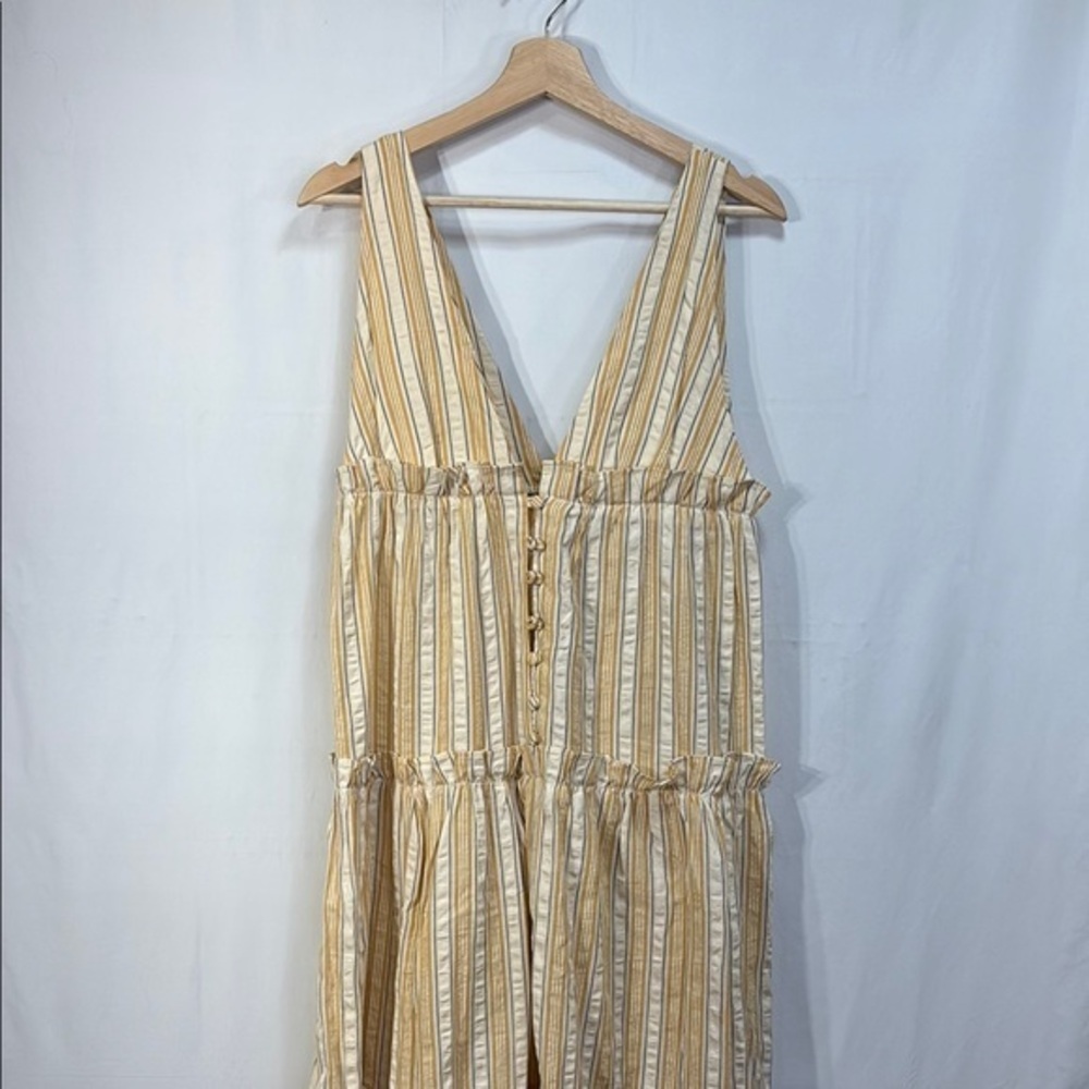 Sleeveless V-Neck Striped Cotton Maxi Dress in Beige